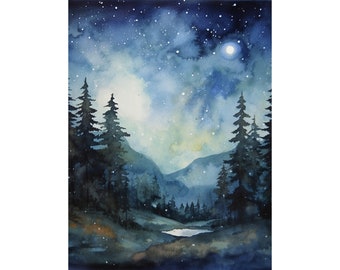 Nuit ciel aquarelle peinture Appalaches paysage Art Print lune pin forêt Wall Art
