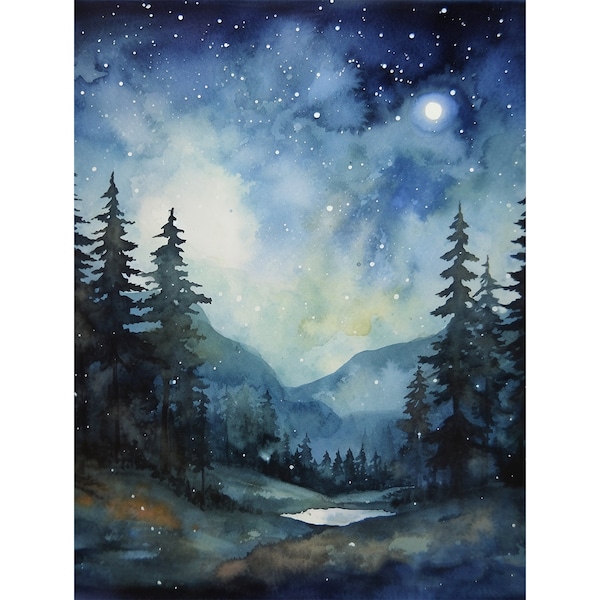 Night Sky Watercolor Painting Appalachian Mountains Landscape Art Print Moon Pine Forest Wall Art