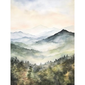 Bitterroot Range-målning Idaho bergslandskap vintergröna skogstryck tallträd akvarellkonst naturposter