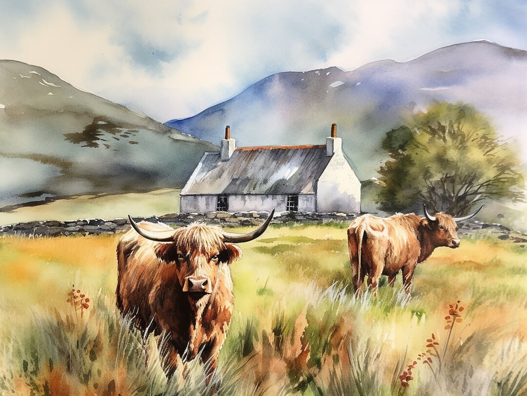 Scotland Farm Painting Highland Cow Watercolor Art Print Isle Of Skye 