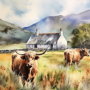Pintura de granja de Escocia, impresión artística de acuarela de vaca de las Tierras Altas, paisaje artístico de la isla de Skye, arte mural de vacas escocesas