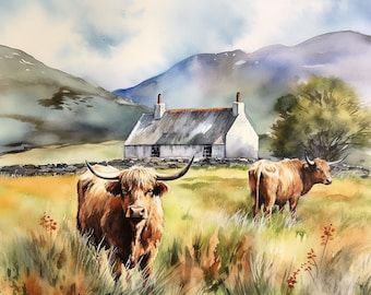 Scotland Farm Painting Highland Cow Watercolor Art Print Isle of Skye Art Landscape Scottish Cows Wall Art