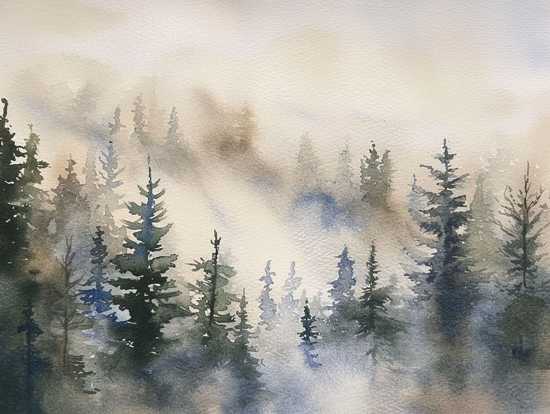 Misty Pines Watercolor Painting Art Print Japandi Organic Modern Wall ...