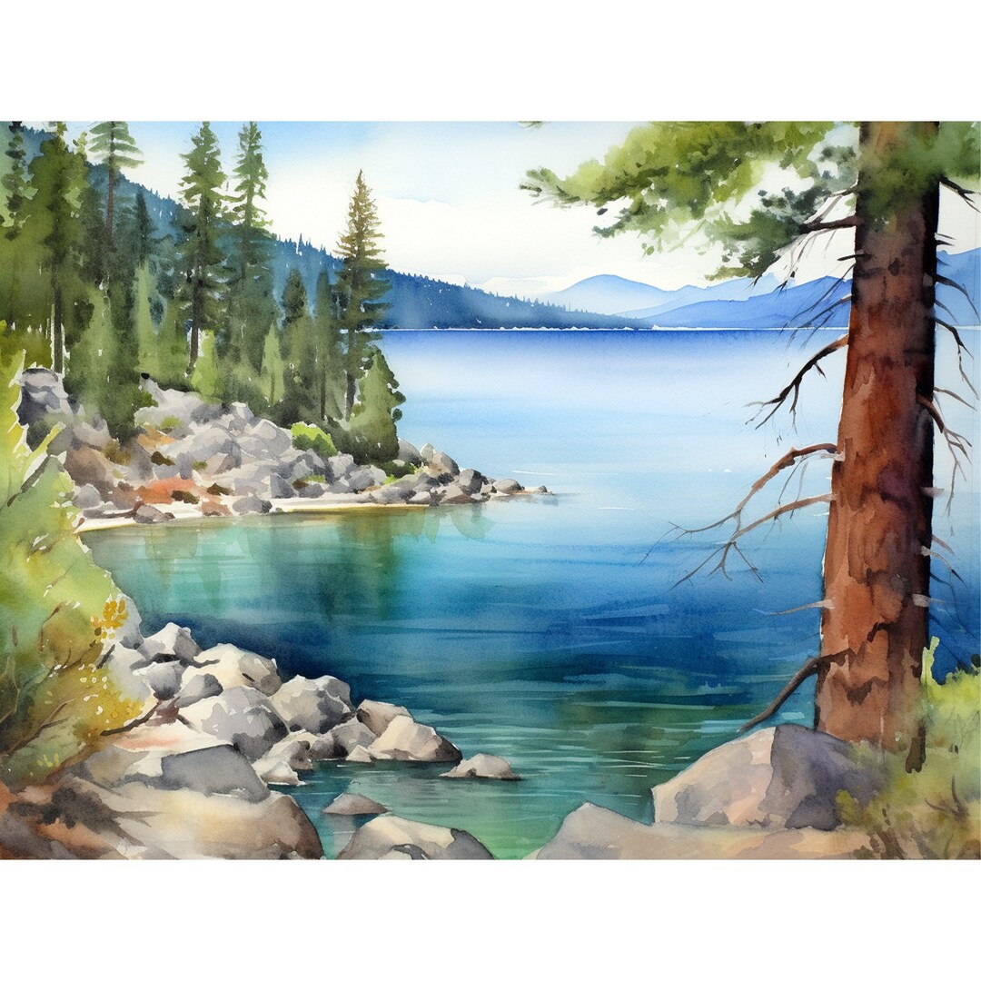 Tahoe Lake Painting California Landscape Mountain Wall Art Redwood ...