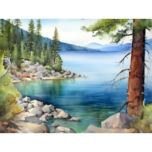 Könnte beinhalten: Ein Aquarellbild, das eine Seenszene mit einem großen Kiefernbaum im Vordergrund, einem felsigen Ufer und einer Bergkette in der Ferne zeigt. Das Wasser ist in leuchtenden Blau- und Grüntönen gehalten.