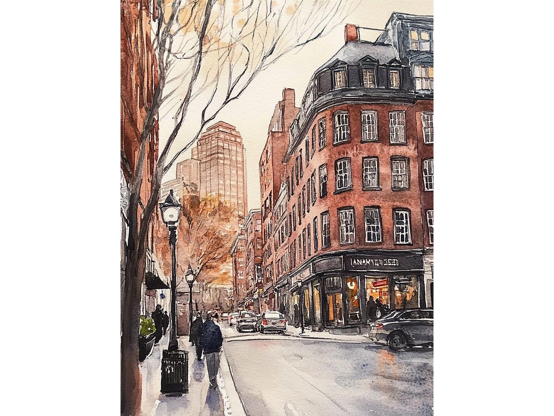 Hanover Street Painting Boston Watercolor Art Print Fall Cityscape Wall ...
