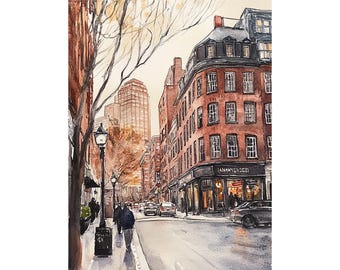 以下が含まれることがあります： 水彩画で描かれた街の通りの風景。画像の右側にはレンガ造りの建物があり、建物には「Lanna's Deli」と書かれた看板が掲げられている。歩道には人々が歩いており、通りには車が駐車されている。建物は赤、茶色、白の色合いで描かれている。通りは灰色と黒の色合いで描かれている。空は青と白の色合いで描かれている。