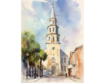 St. Michael's Church Watercolor Charleston Art Print Cityscape Wall Art Broad Street Artwork