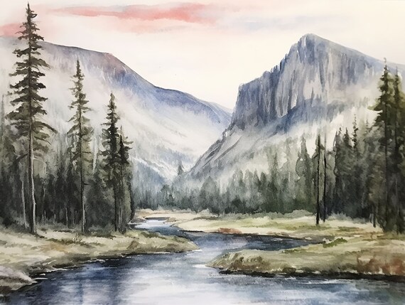 Rocky Mountain Painting National Park Watercolor Art Print Mountain River Art Pine Forest Landscape Wall Art Nature Poster