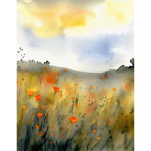 Mohn Aquarell Wildblumen Malerei Orange Mohn Blumen Wand Kunst Kalifornien Landschaft Felder Blumen Kunst Wiese Druck