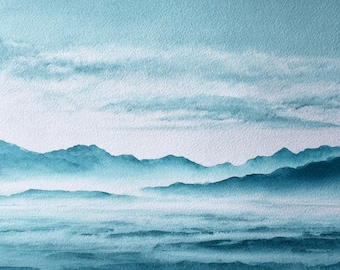 Blue Ridge Mountains Painting Watercolor Art Print On Paper Japandi Quiet Luxury Living Room Wall Art Misty Mountain Landscape