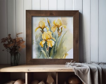 アイリスの絵画 黄色のアイリスの水彩画プリント 花の壁アート 春の花
