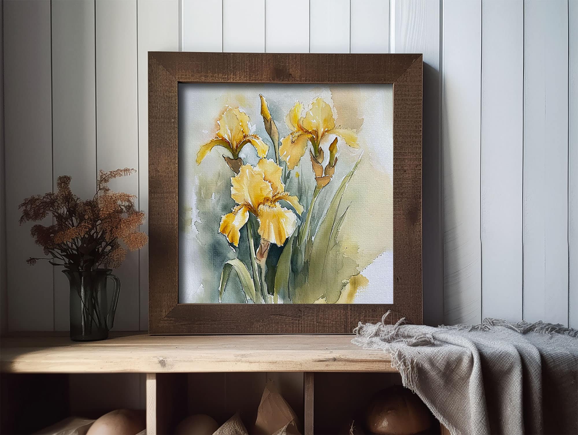 アイリスの絵画 黄色のアイリスの水彩画プリント 花の壁アート 春の花