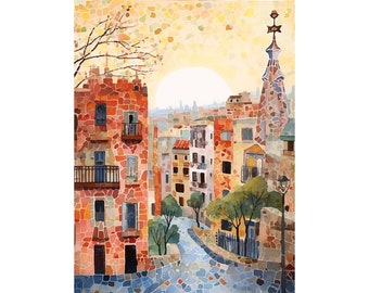 Barcelone Peinture Espagne Aquarelle Art Print Europe Wall Art Paysage urbain Illustration Voyage Affiche Crémaillère Cadeau