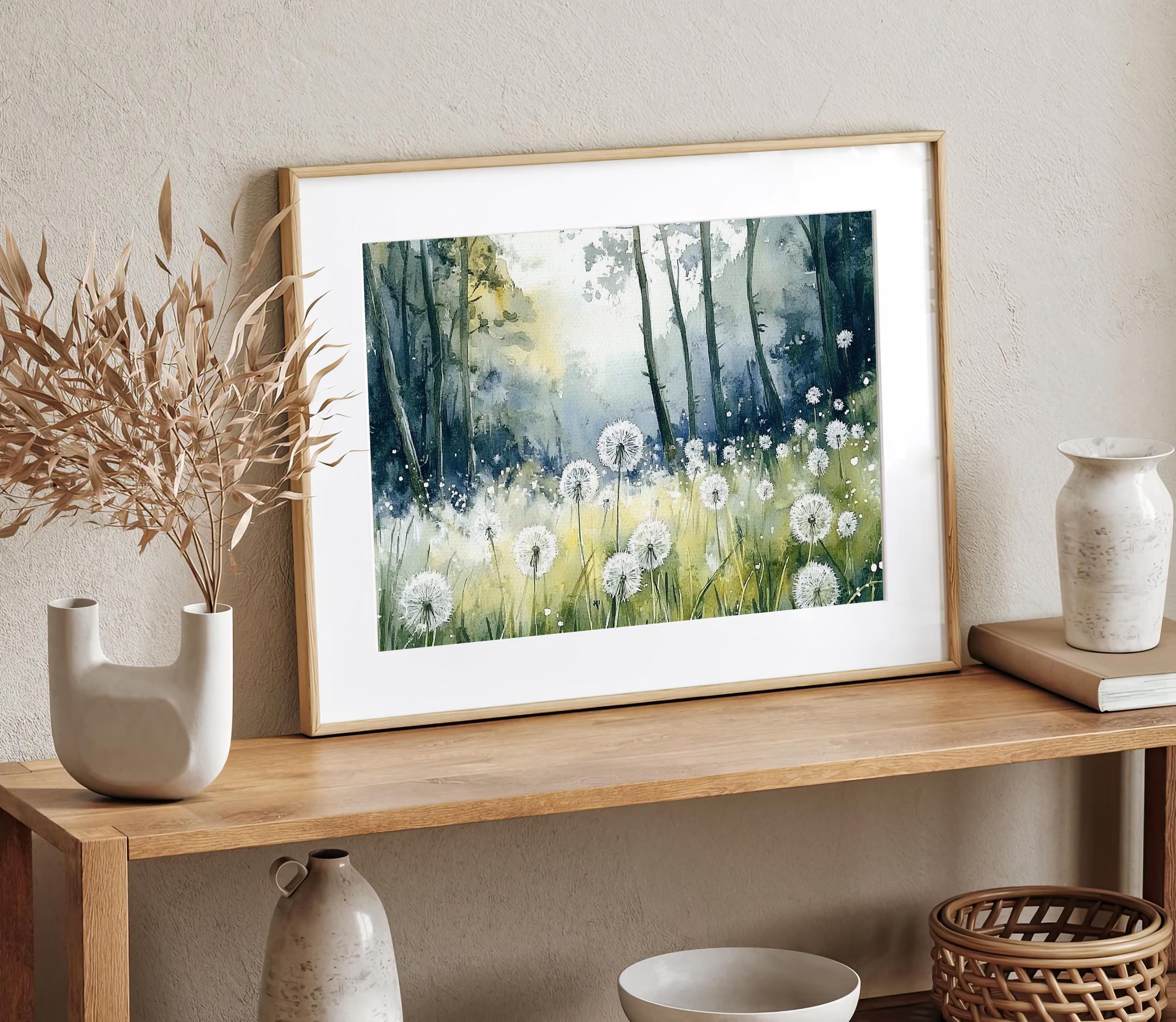 夏の野原の絵画 ふわふわのタンポポの水彩画 アートプリント 白い