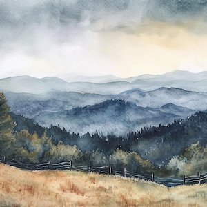 Appalachian Mountains Painting Evergreen Forest Watercolor Art Print Misty Mountains Landscape Wall Art Pine Tree Artwork image 1