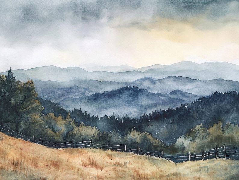 Appalachian Mountains Painting Evergreen Forest Watercolor Art Print Misty Mountains Landscape Wall Art Pine Tree Artwork image 1
