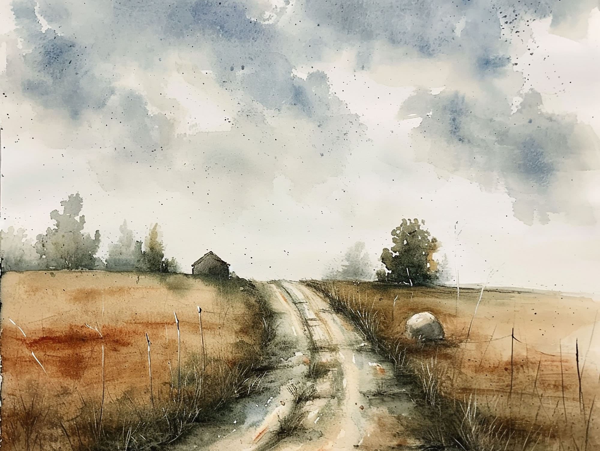 Country Road Painting Rustic Barn Watercolor Art Print Vintage ...