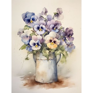パンジーの絵画 エナメルポットに入ったスミレの花 水彩画 アートプリント 花の壁アート 農家の壁装飾