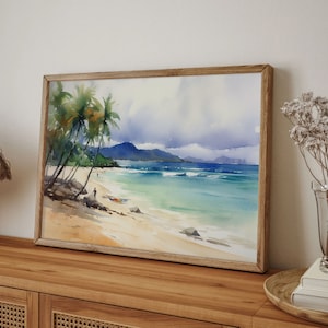 Peut inclure: Une peinture &agrave; l'aquarelle repr&eacute;sentant une sc&egrave;ne de plage tropicale avec des palmiers, une eau turquoise et un rivage sablonneux. La peinture est encadr&eacute;e dans un cadre en bois naturel.