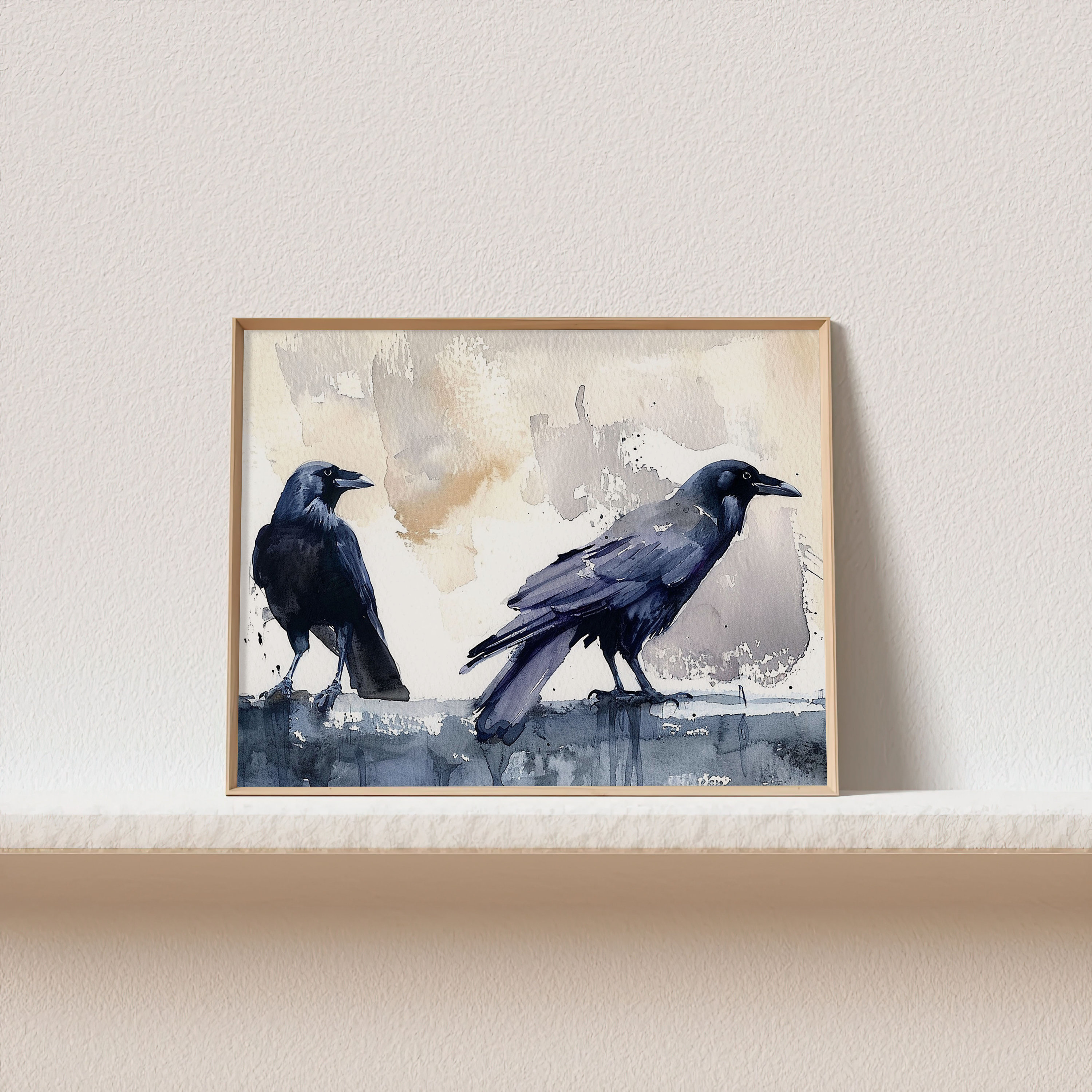 カラスの絵画 鳥のアートプリント ワタリガラスの水彩画 アート 黒い