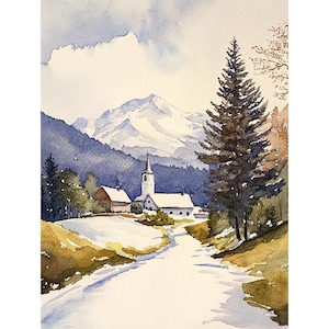 Stowe Painting Vermont Watercolor Art Print Winter Landscape Wall Art Snowy Road Art Snowfall Print