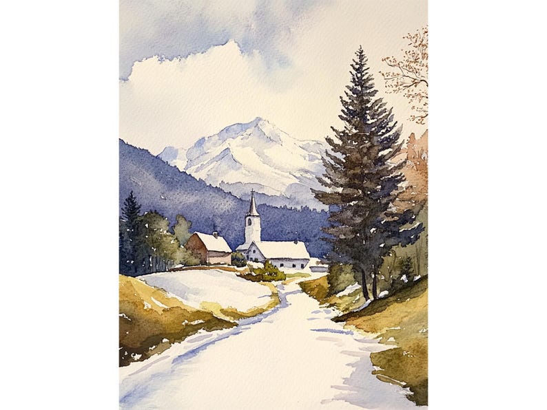 Stowe Painting Vermont Watercolor Art Print Winter Landscape Wall Art Snowy Road Art Snowfall Print