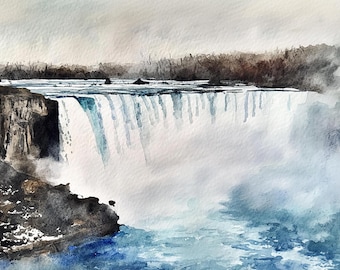 以下が含まれることがあります： ナイアガラの滝を描いた水彩画。滝から流れ落ちる水と、滝から立ち上る霧が描かれている。絵は青、グレー、白の色合いで描かれている。