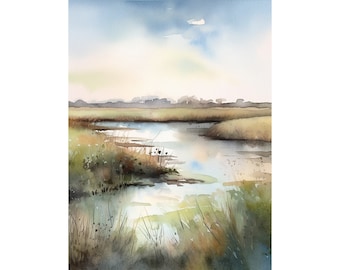 Marsh Painting Louisiana Lowcountry Art Print Landscape Watercolor Neutral Green Blue Wall Art