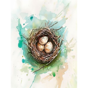 巣の絵 卵のある鳥の巣 水彩画プリント 春の壁アート イースターアートプリント 自然の壁装飾