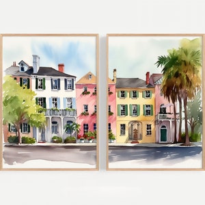 Rainbow Row prints set van 2 Charleston aquarel South Carolina landschap kleurrijke huizen stadsgezicht muurkunst