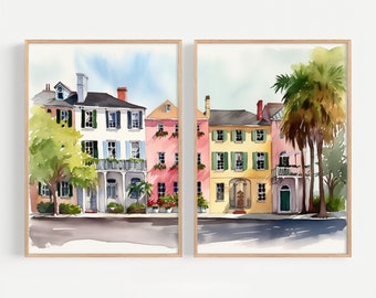 Rainbow Row Prints Set of 2 Charleston Watercolor South Carolina Landscape Colorful Houses Cityscape Wall Art