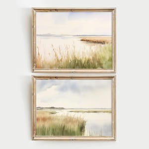 Marsh Painting Set Of 2 Prints Charleston Watercolor Lowcountry Landscape Wall Art Salt Marsh Artwork Green Beige Poster