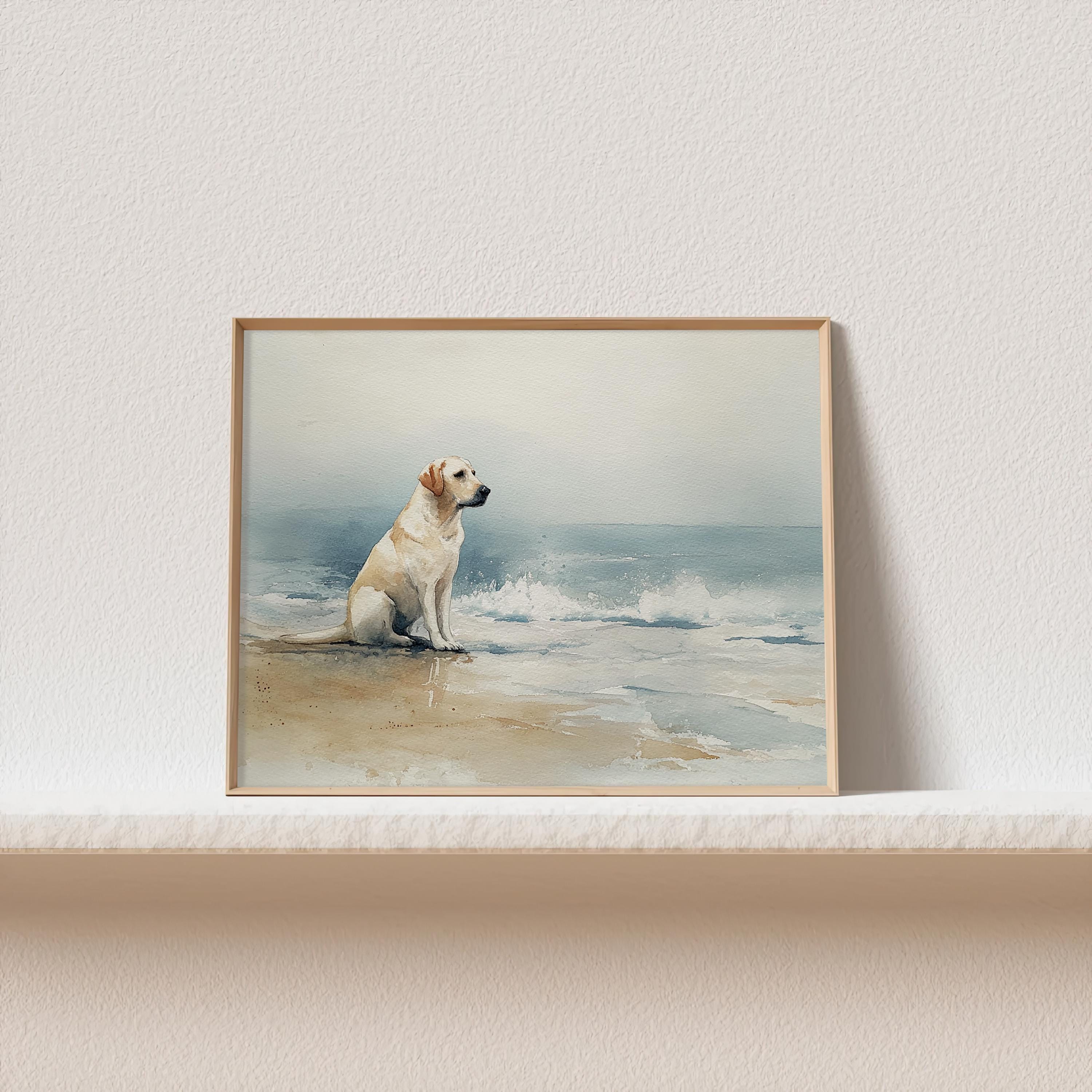 ビーチのラブラドール犬 水彩画プリント 紙に描かれた穏やかな海岸の
