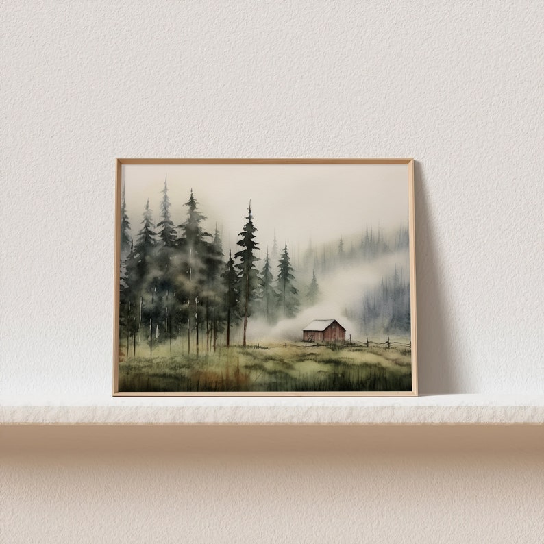 Cabin Painting Pine Forest Watercolor Art Print Idaho Landscape Large Log Cabin Wall Art image 6