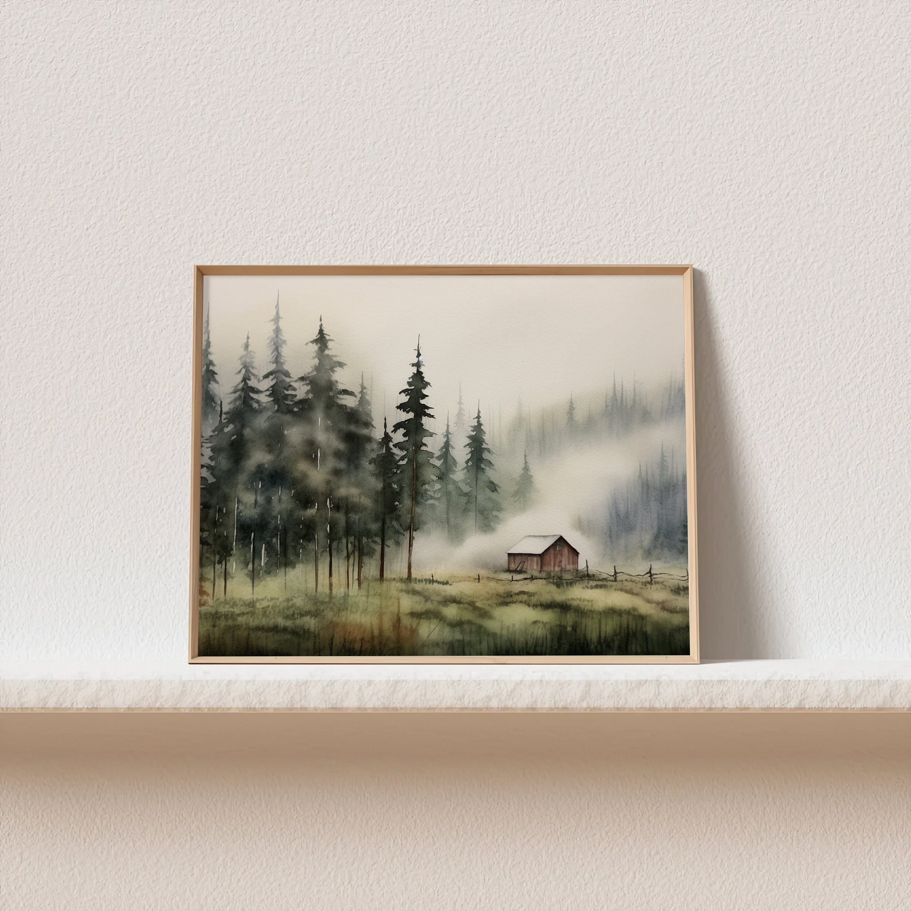 Cabin Painting Pine Forest Watercolor Art Print Idaho Landscape Large ...
