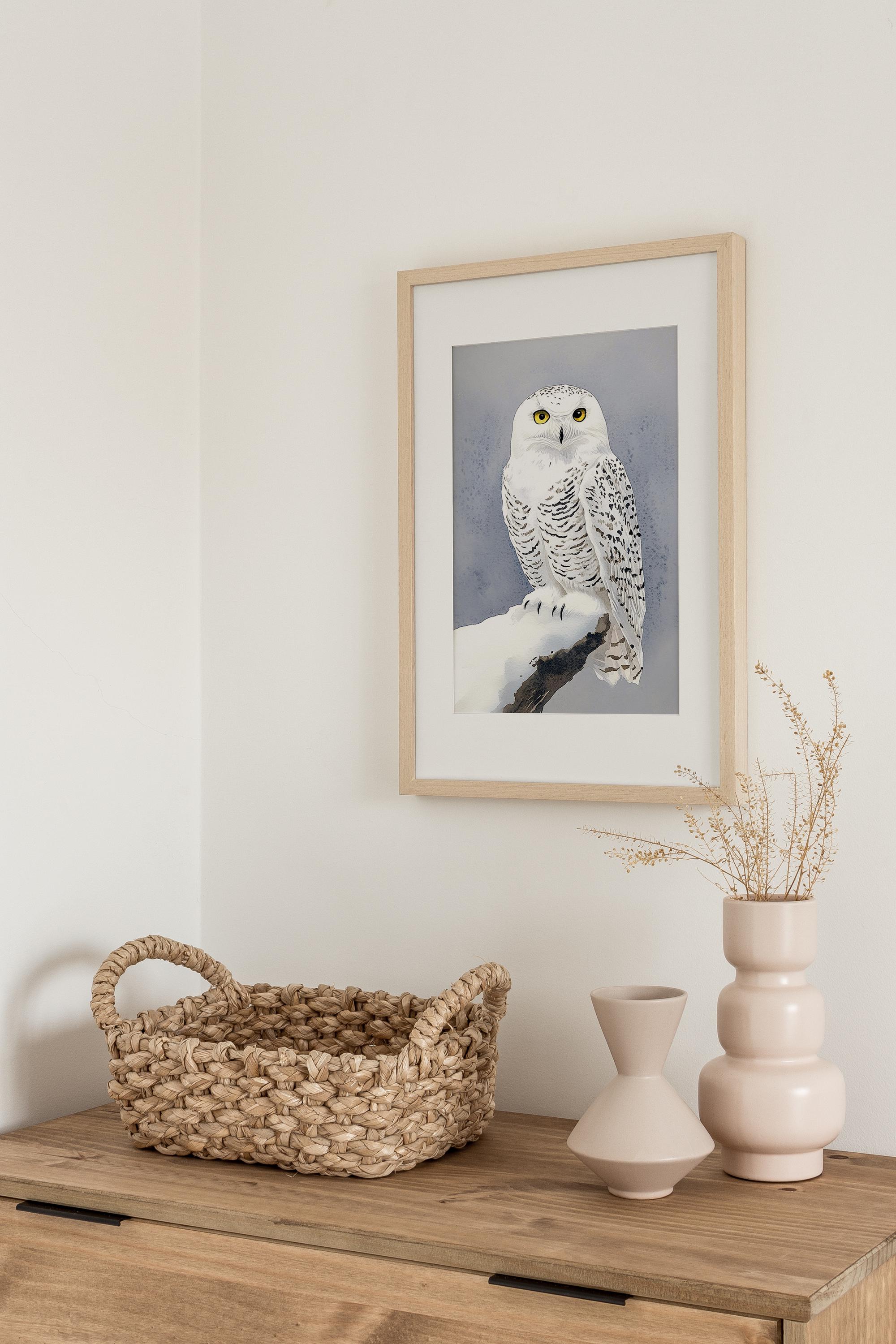シロフクロウの絵画 冬の鳥 水彩画 アートプリント 野生動物 ウォール