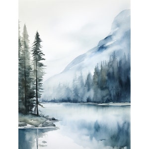 バークレー湖の絵画 山の湖の風景 水彩画 常緑樹林 壁画 霧深い松林 アートプリント