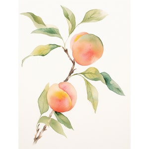 May include: Watercolor painting of two peaches on a branch with green leaves. The peaches are a light pink color with a hint of yellow.