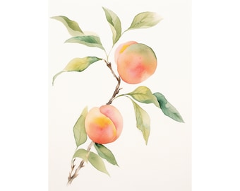 Peach Watercolor Painting Fruit Art Print Peach Branch Wall Art Two Peaches Art Kitchen Wall Decor