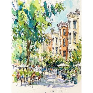Peut inclure: Peinture à l'aquarelle d'une scène de rue urbaine avec des arbres, des bâtiments et des personnes. L'œuvre présente un café avec des parasols, des tables et des chaises. Les bâtiments sont dans des tons de brun et de beige, avec des arbres verts et un ciel bleu.