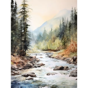 Lachsfluss Kunstdruck Bergfluss Aquarell Idaho Landschaft Wand Kunst Evergreen Wald Malerei Misty River Poster