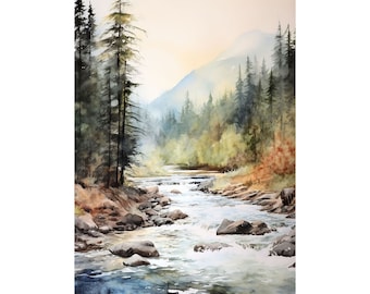 川の風景画プリント、小川の風景水彩画、川の水彩画、森の絵画
