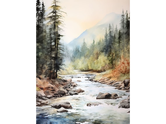 サーモン川アートプリント 山川水彩画 アイダホ風景 ウォールアート