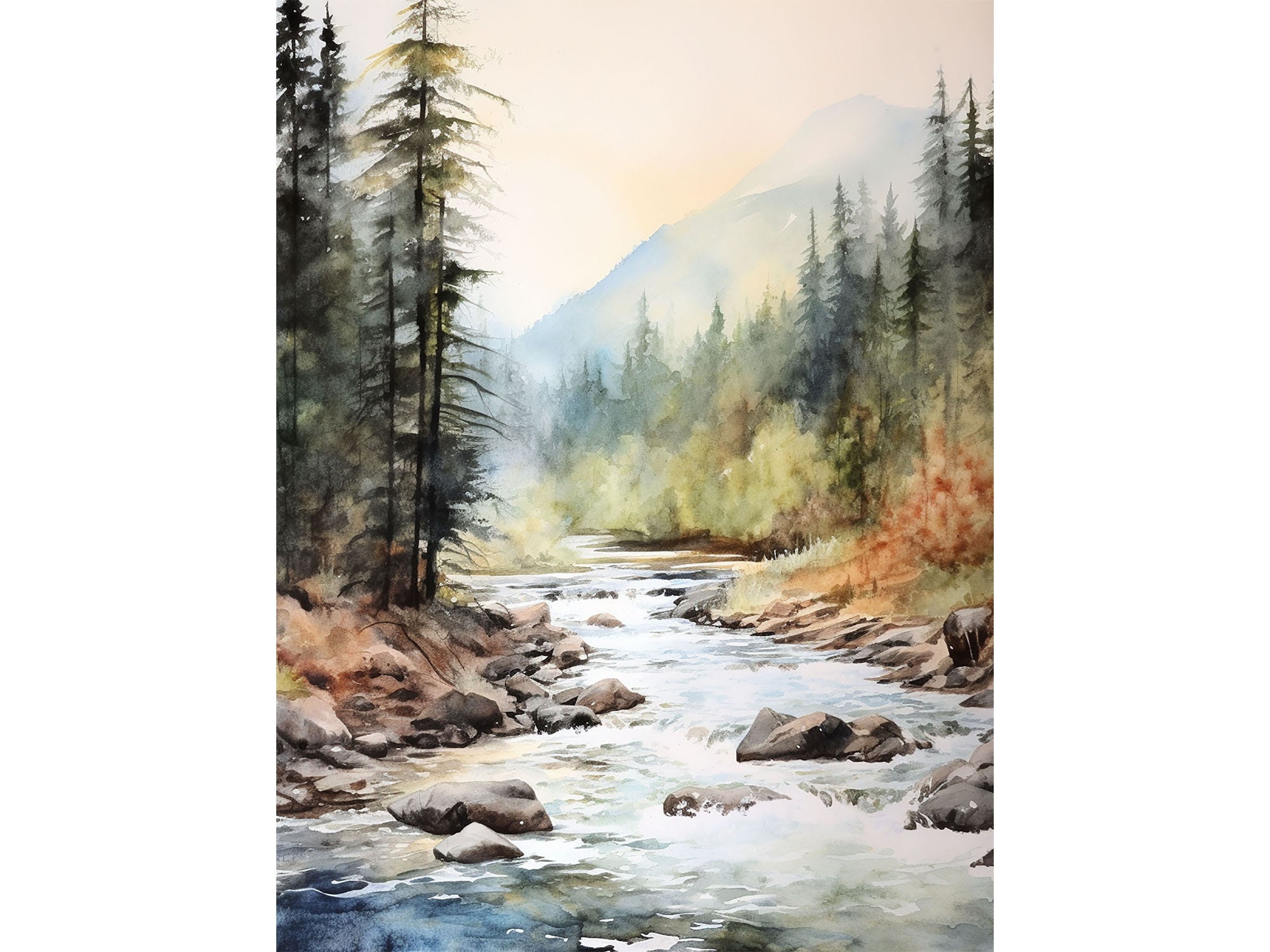 サーモン川アートプリント 山川水彩画 アイダホ風景 ウォールアート