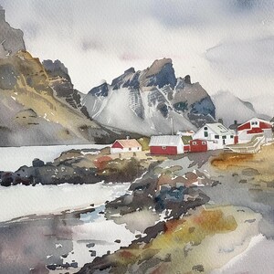 Iceland Painting South Shore Watercolor Art Print Town Of Vik Painting Wall Art Landscape Print Mountain Art Travel Poster Coastline Art