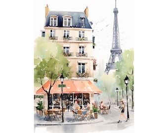 Paris Painting Eiffel Tower Watercolor Art Print Parisian Scene Illustration France Cityscape Wall Art Spring Wall Decor