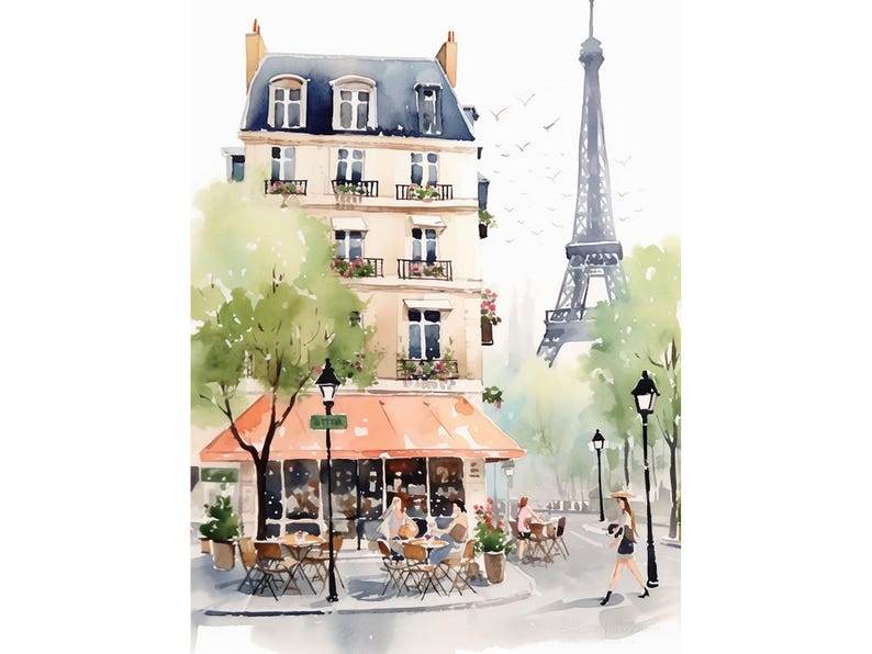 May include: Watercolor painting of a Parisian street scene. A building with a red awning cafe, tables, and chairs. The Eiffel Tower is in the background. Trees and street lamps line the street. A person is walking on the sidewalk.