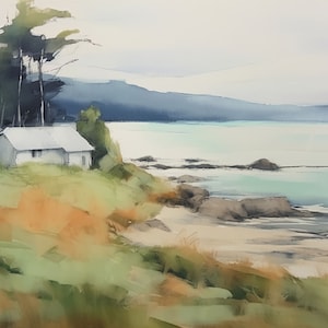 Great Lakes Painting Lake House Watercolor Art Tranquil Michigan Landscape Wall Art Forest Lakeshore Artwork