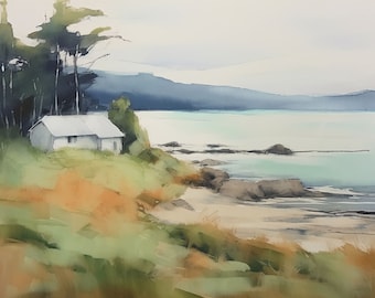 Acadia National Park Maine Coastal Cottage Watercolor Print On Paper